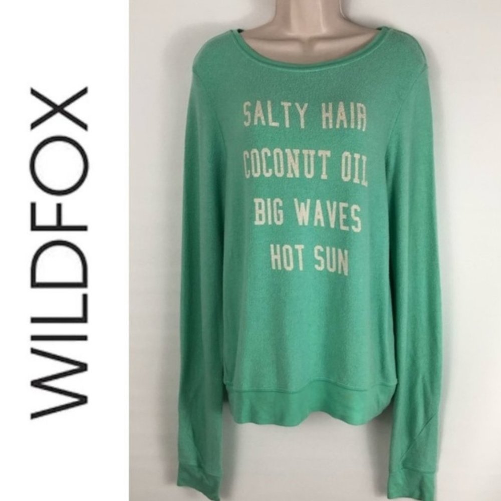RARE Wildfox Salty Hair Coconut Oil Big Waves Hot Sun Green/Blue Sweater, Small